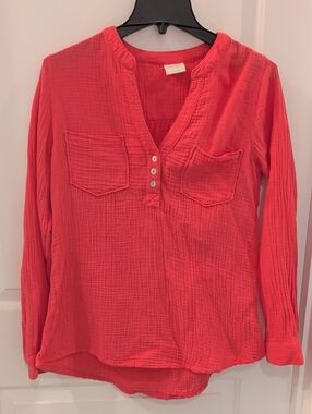 Women’s Mote Med Cotton Gauze Henley Top - Coral Pink Reddish